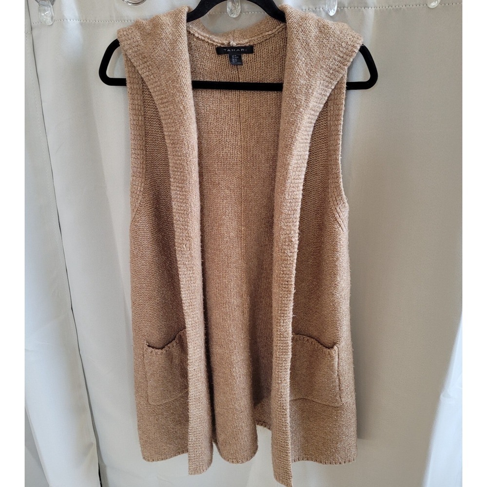 Tahari Cardigan Medium Beige Wool Blend Sweater Hooded Long Chore Pockets 15750x